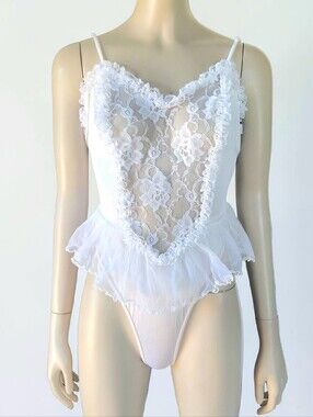 Vintage Delicates White Satin Lace Teddy Lingerie Womens M High Cut Leg USA